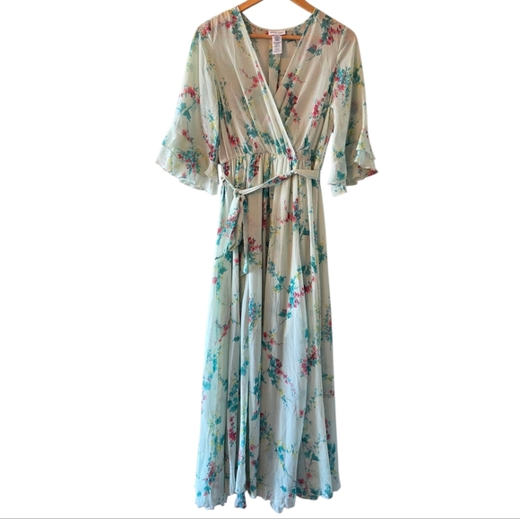Kate & Lily Floral Print Garden Boho  Feminine Maxi Belted Light Green Dress 6 - Picture 2 of 16